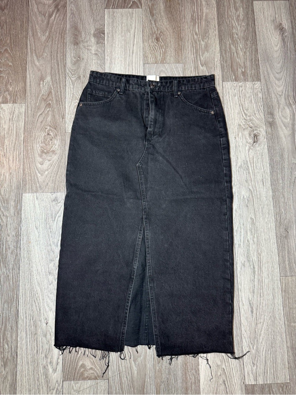 Industry Black Denim Midi Skirt Raw Hem Front Slit Size 8